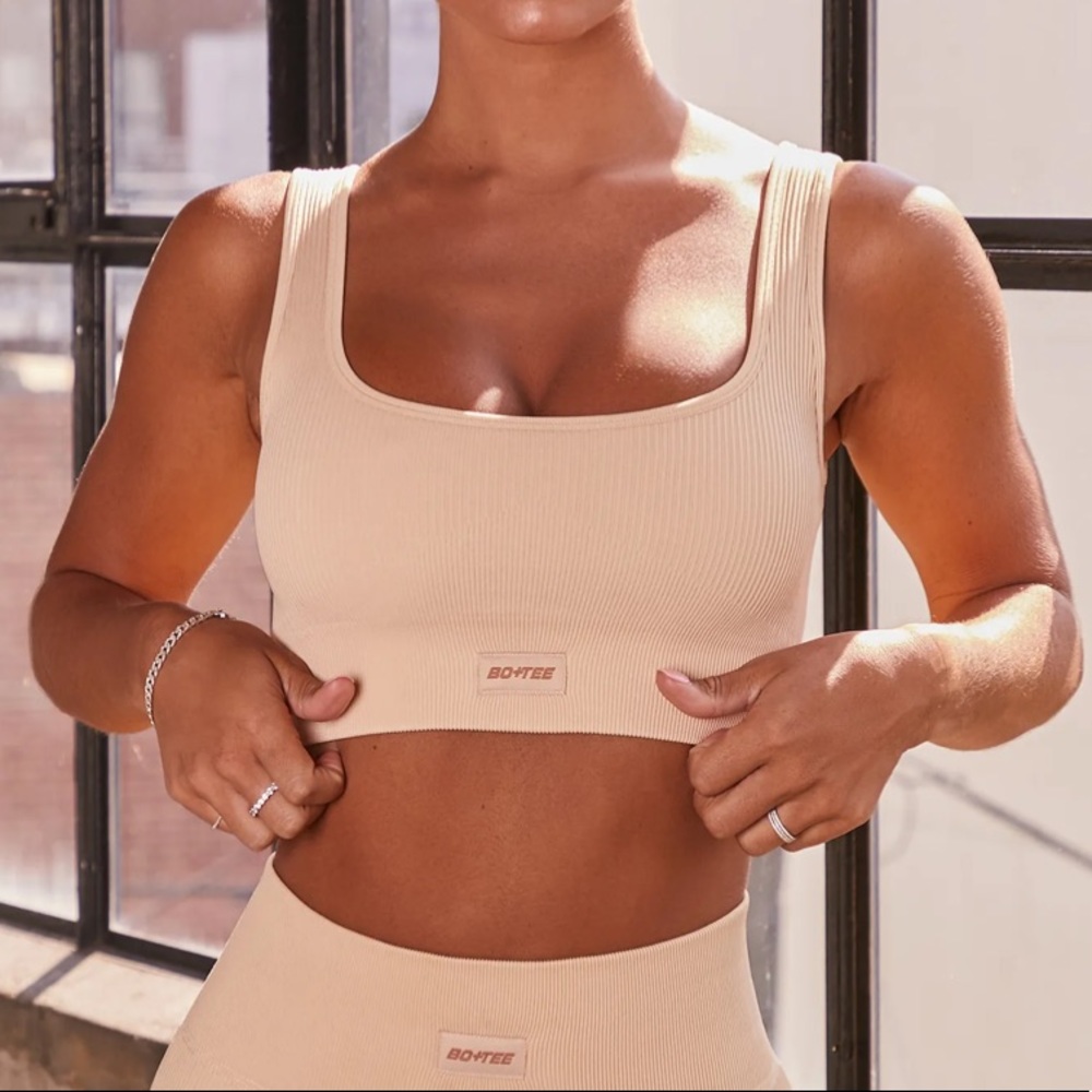 bo+tee cream ribbed sports bra